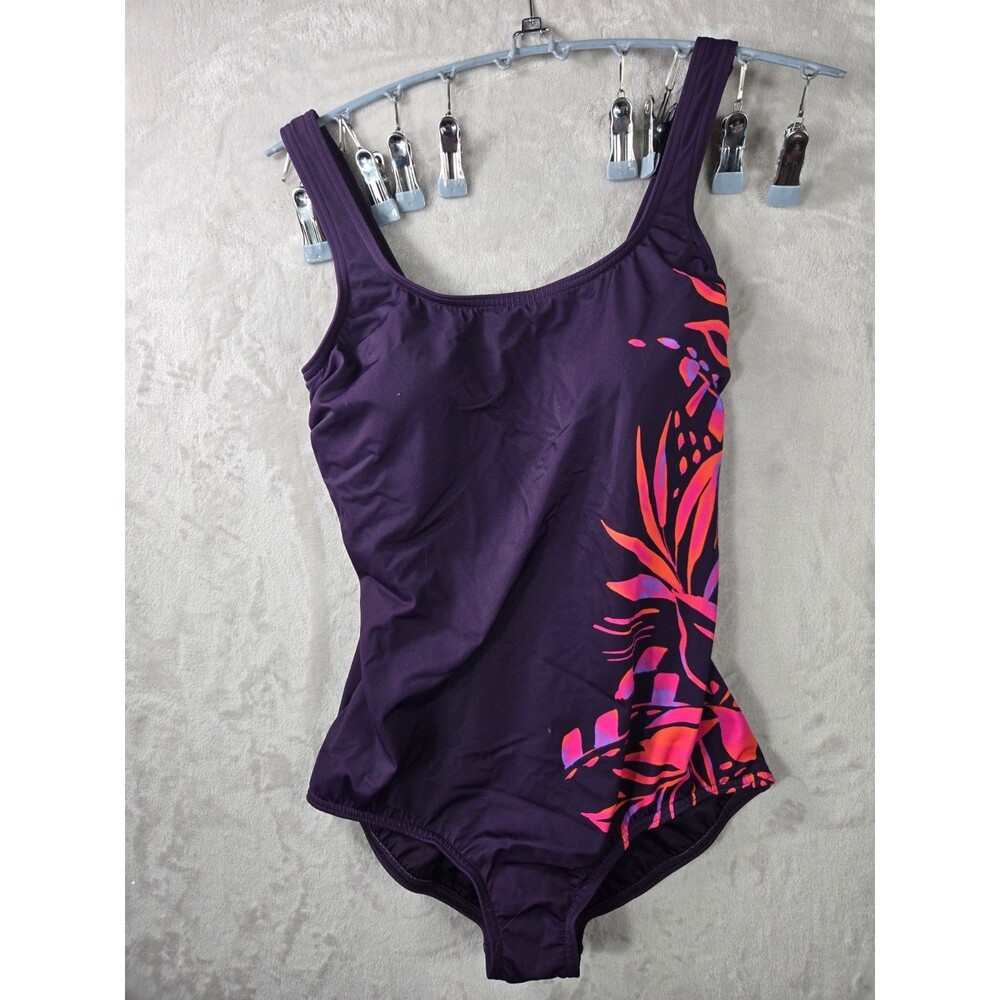 Lands End One Piece Swimsuit Size 14 Purple Tropical Print Resort Core Dark